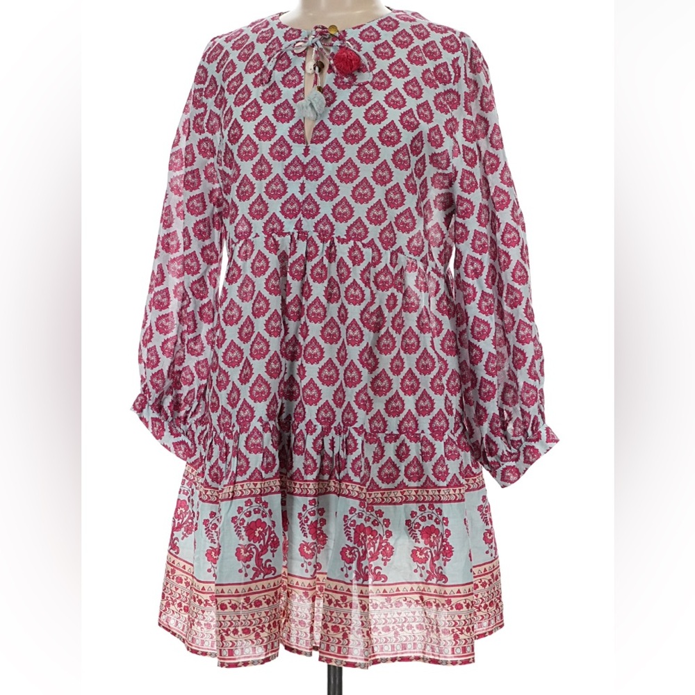 Zara Light Blue and Pink Paisley Printed Long-Sleeve Dress